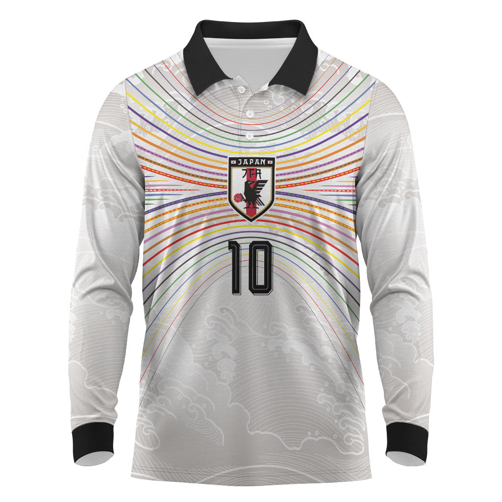 Custom Japan Football Long Sleeve Polo Shirt Traditional Japanese Waves Rainbow Sashiko Effect