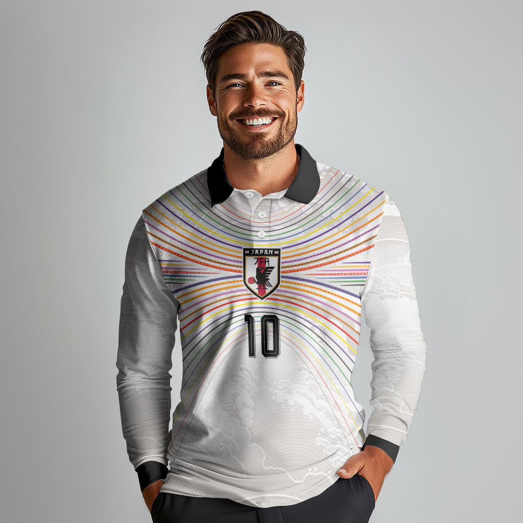 Custom Japan Football Long Sleeve Polo Shirt Traditional Japanese Waves Rainbow Sashiko Effect