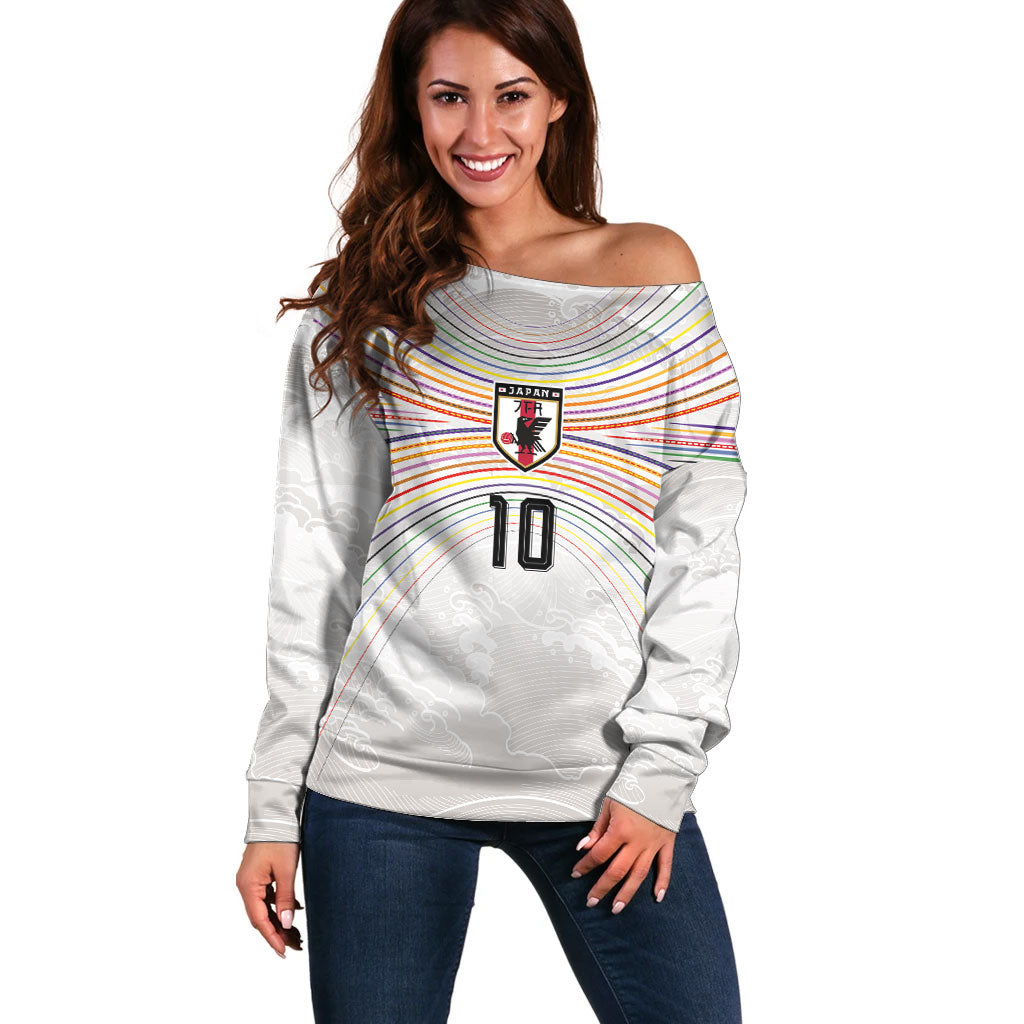 Custom Japan Football Off Shoulder Sweater Traditional Japanese Waves Rainbow Sashiko Effect