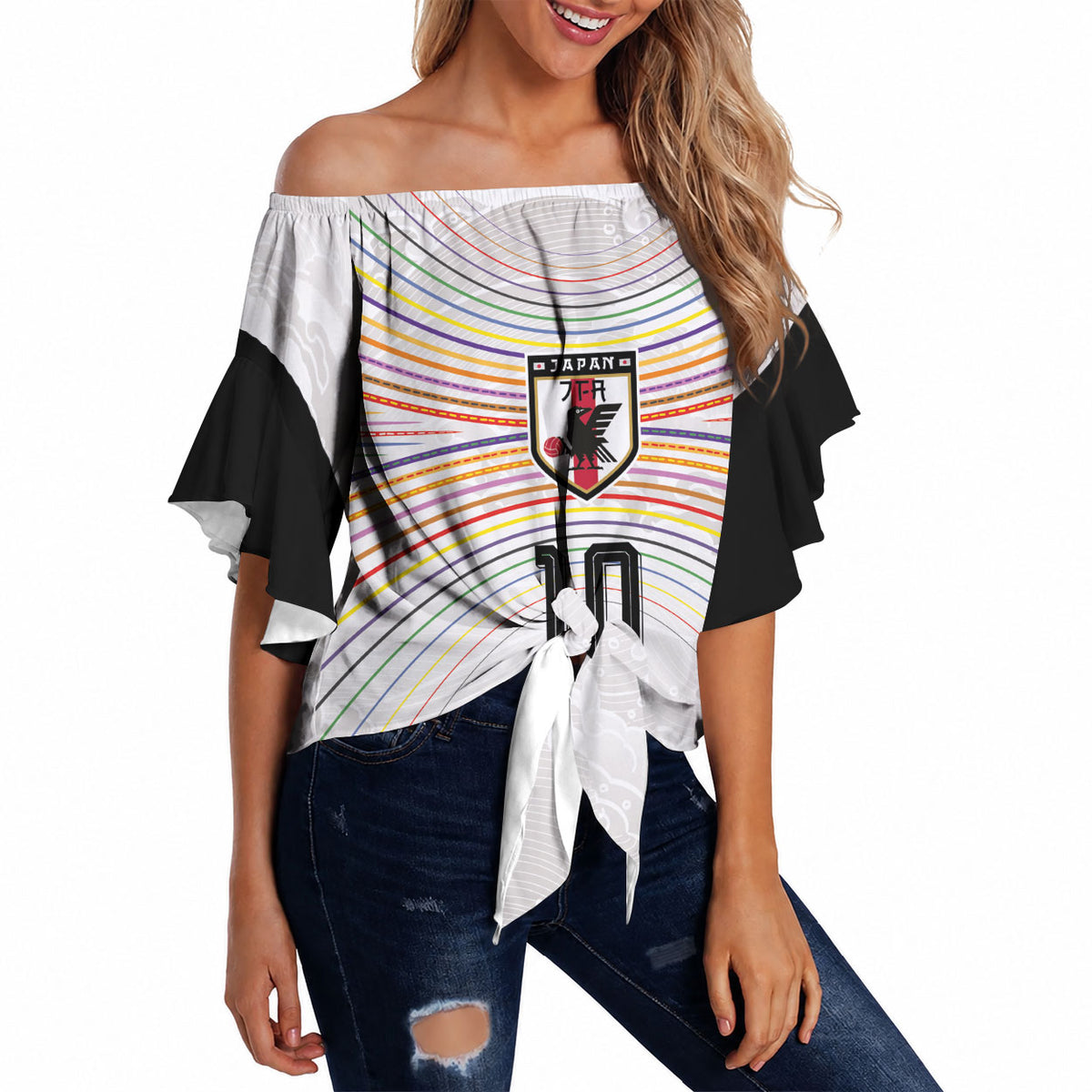 Custom Japan Football Off Shoulder Wrap Waist Top Traditional Japanese Waves Rainbow Sashiko Effect