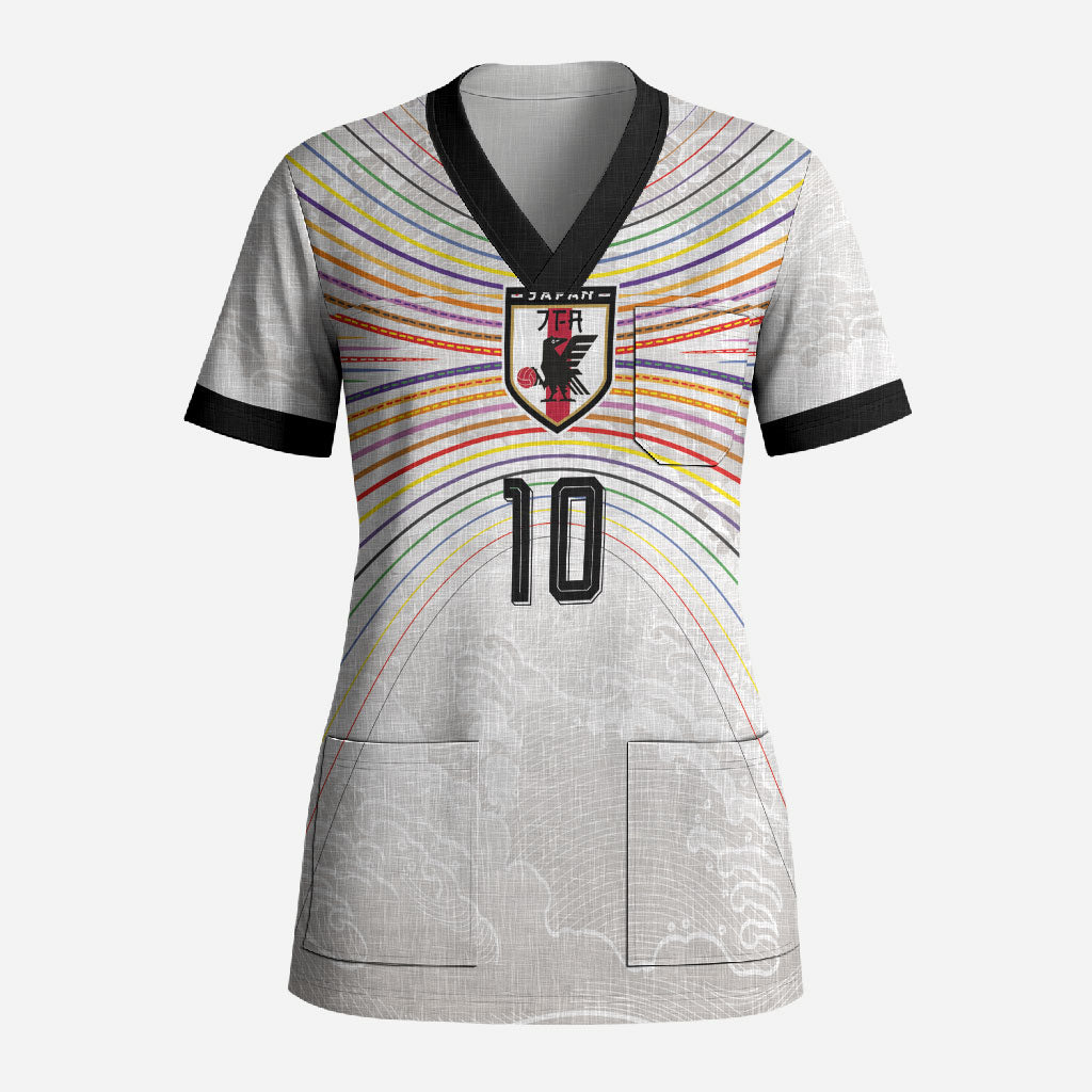 Custom Japan Football Scrub Top Traditional Japanese Waves Rainbow Sashiko Effect