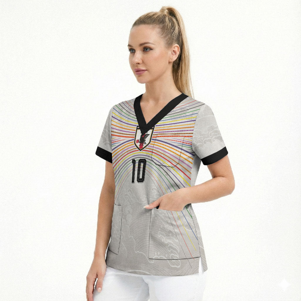 Custom Japan Football Scrub Top Traditional Japanese Waves Rainbow Sashiko Effect