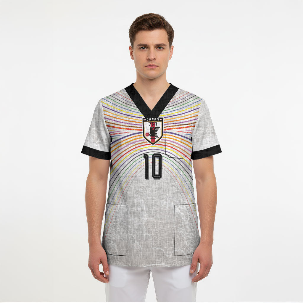 Custom Japan Football Scrub Top Traditional Japanese Waves Rainbow Sashiko Effect