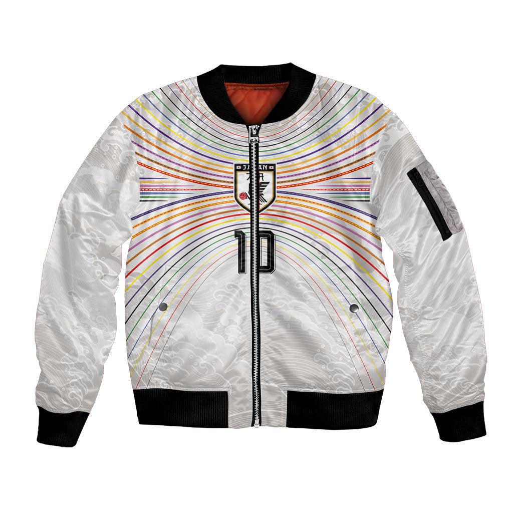 Custom Japan Football Sleeve Zip Bomber Jacket Traditional Japanese Waves Rainbow Sashiko Effect