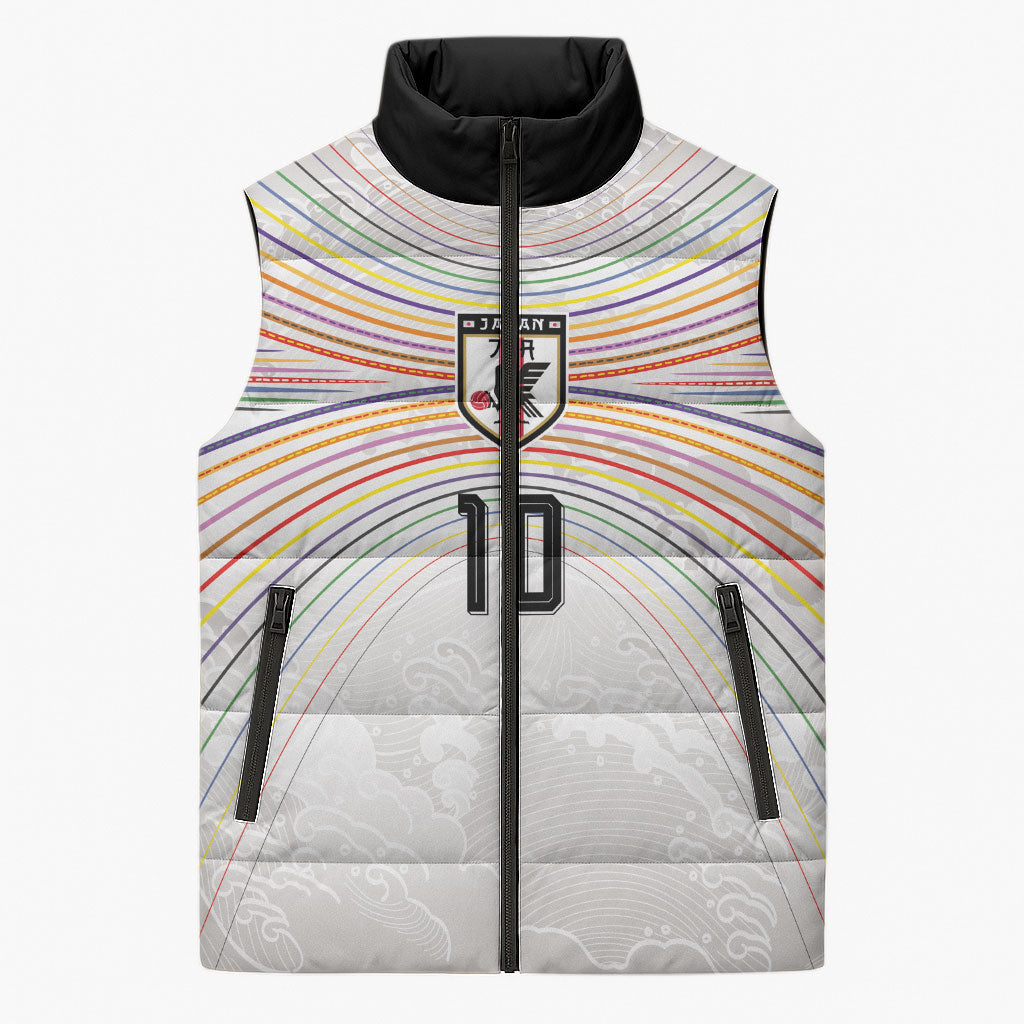 Custom Japan Football Sleeveless Puffer Jacket Traditional Japanese Waves Rainbow Sashiko Effect