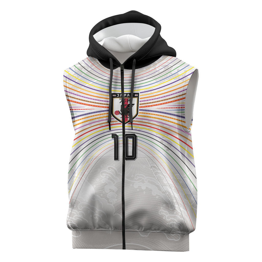 Custom Japan Football Sleeveless Zip Hoodie Traditional Japanese Waves Rainbow Sashiko Effect