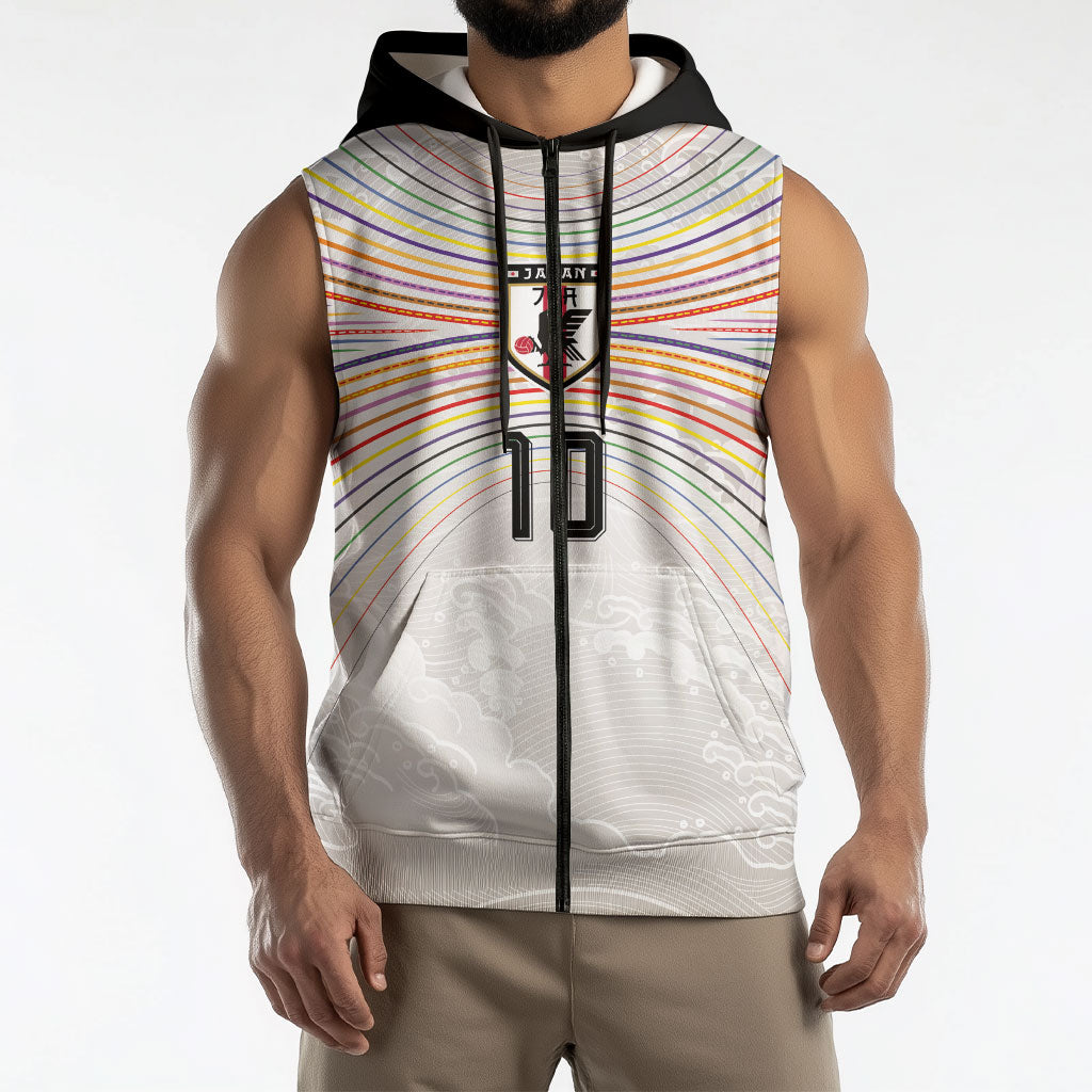 Custom Japan Football Sleeveless Zip Hoodie Traditional Japanese Waves Rainbow Sashiko Effect