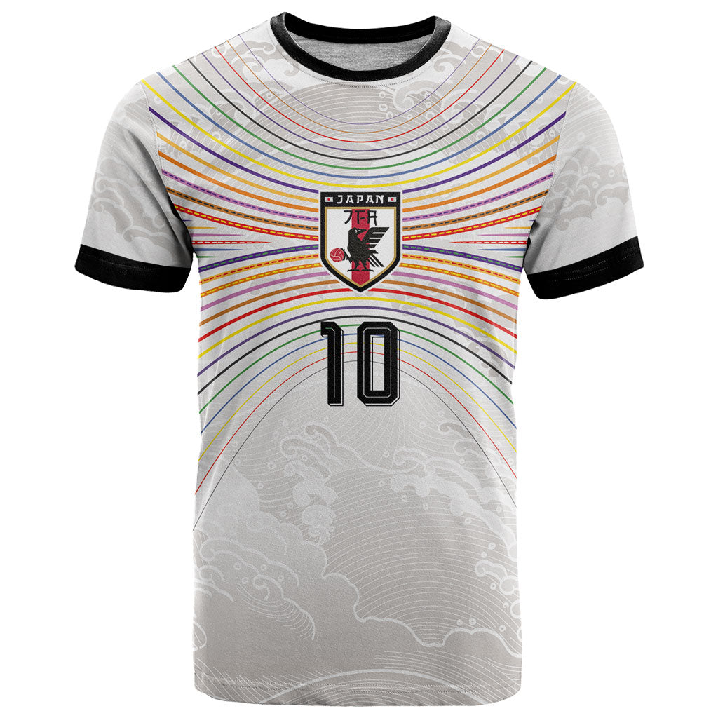 Custom Japan Football T Shirt Traditional Japanese Waves Rainbow Sashiko Effect