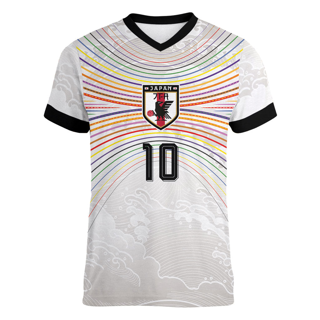 Custom Japan Football Women V-Neck T-Shirt Traditional Japanese Waves Rainbow Sashiko Effect