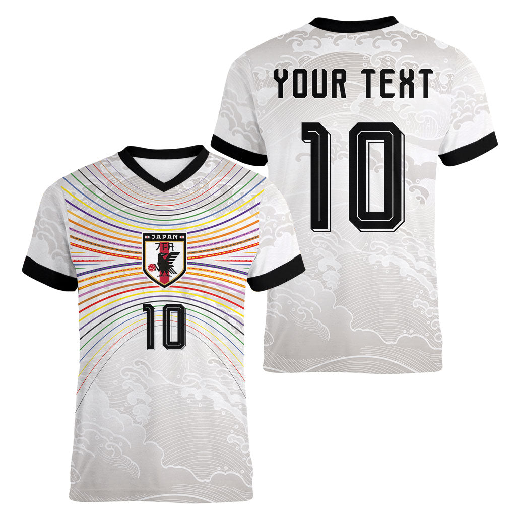 Custom Japan Football Women V-Neck T-Shirt Traditional Japanese Waves Rainbow Sashiko Effect