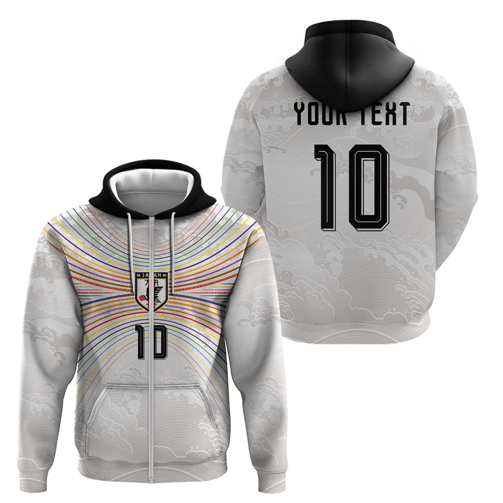 Custom Japan Football Zip Hoodie Traditional Japanese Waves Rainbow Sashiko Effect