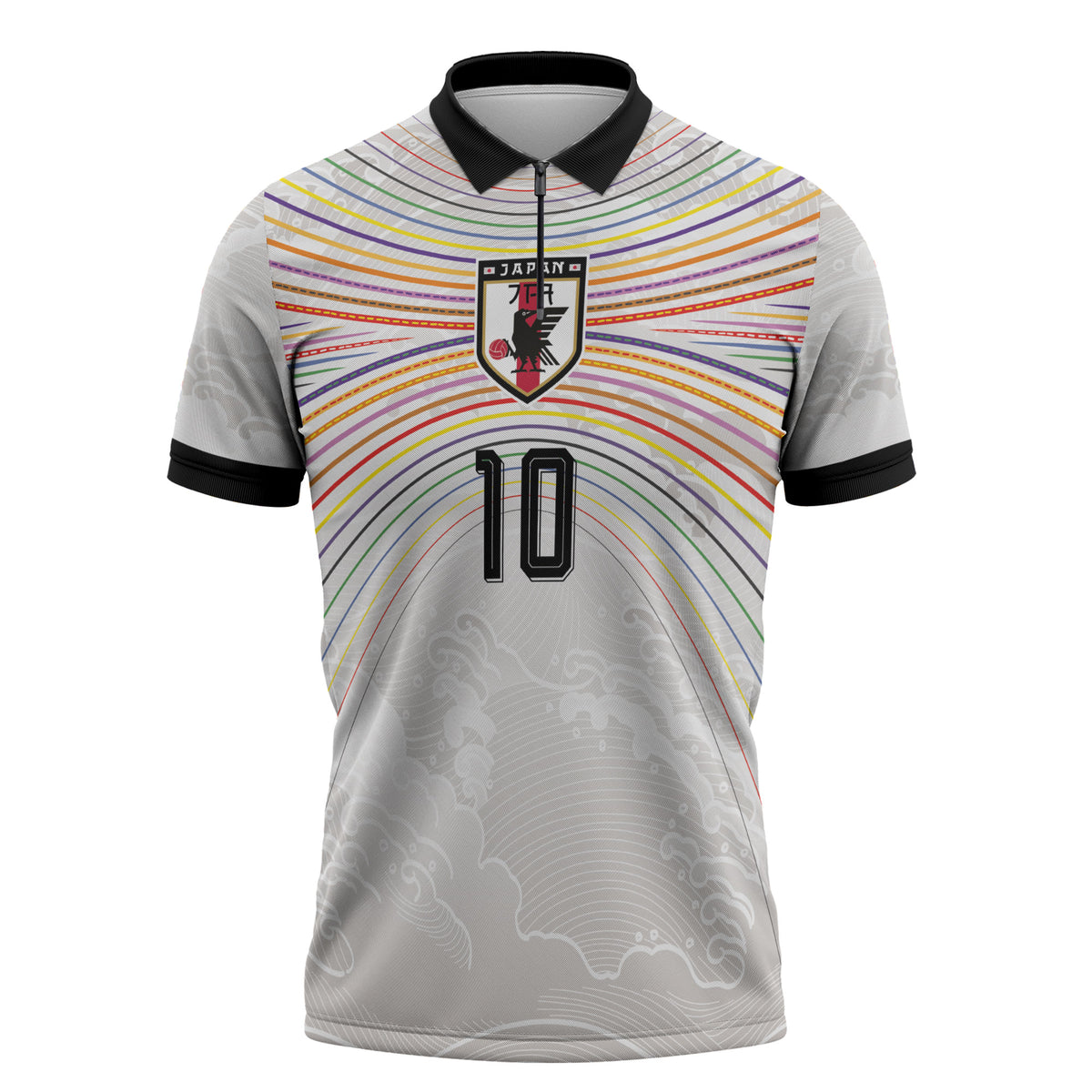 Custom Japan Football Zipper Polo Shirt Traditional Japanese Waves Rainbow Sashiko Effect