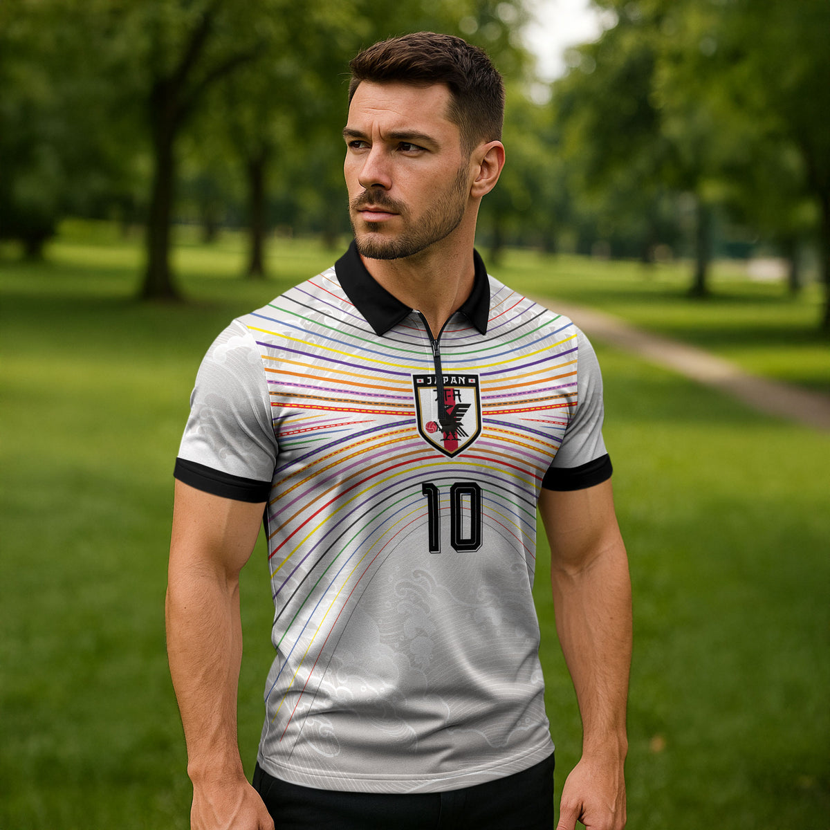 Custom Japan Football Zipper Polo Shirt Traditional Japanese Waves Rainbow Sashiko Effect