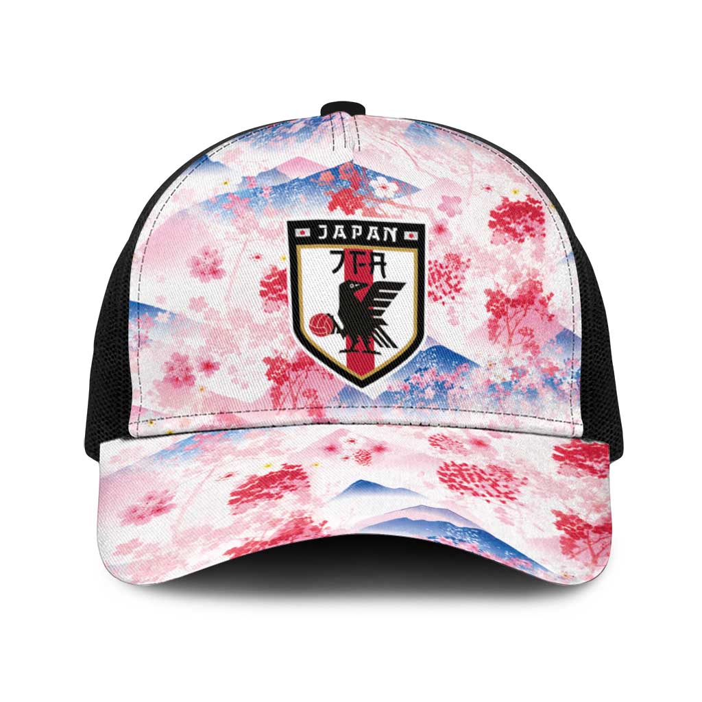Japan Football Baseball Net Cap Cherry Blossom Floral Mount Fuji with Asian Dragon Graphic
