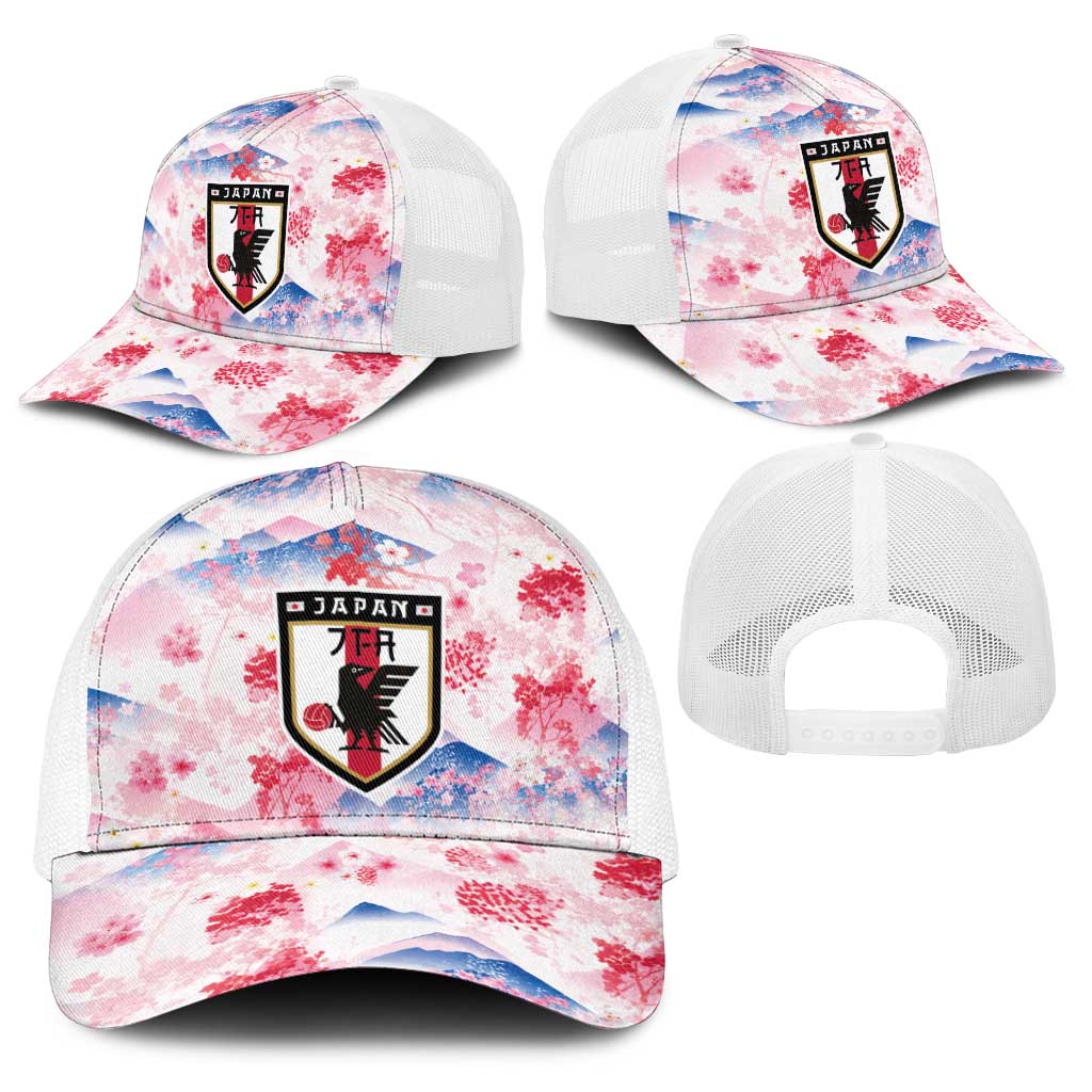 Japan Football Baseball Net Cap Cherry Blossom Floral Mount Fuji with Asian Dragon Graphic