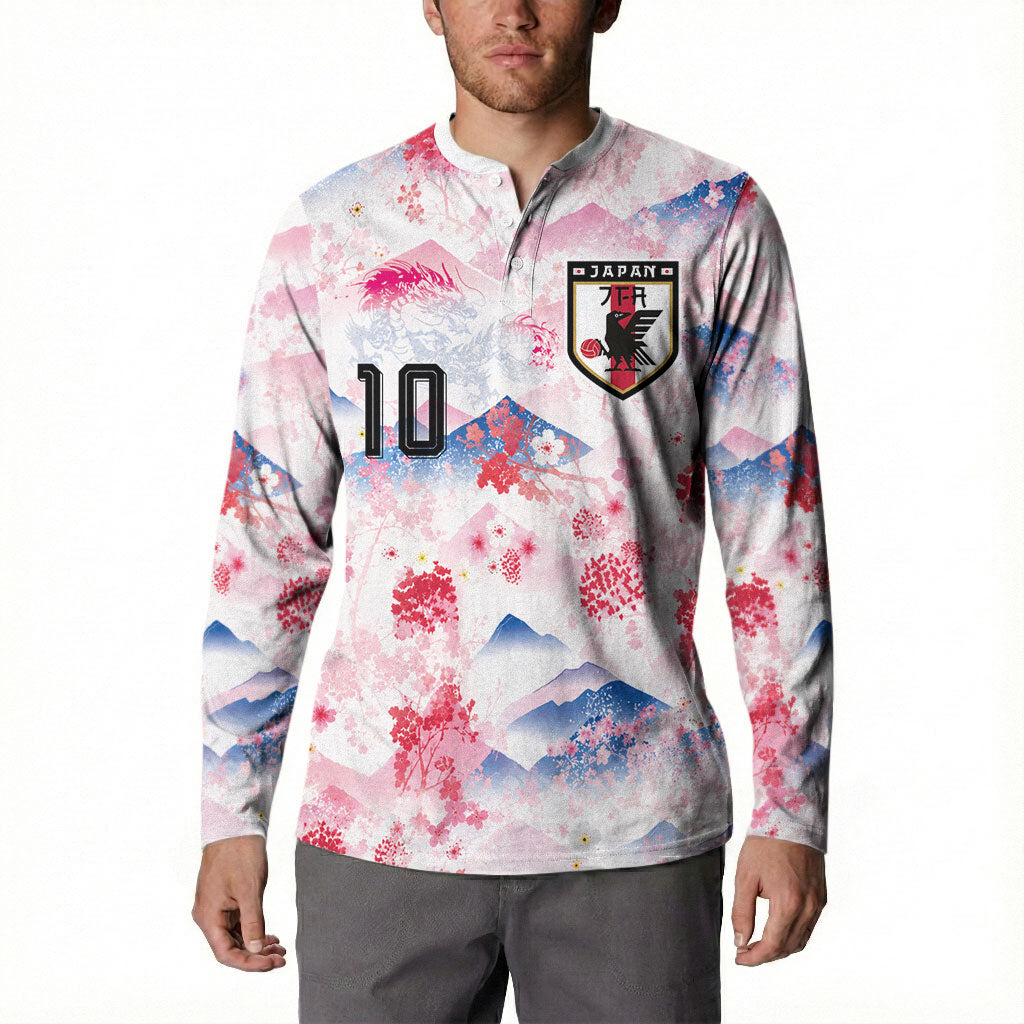 Custom Japan Football Button Sweatshirt Cherry Blossom Mount Fuji Asian Dragon Graphic