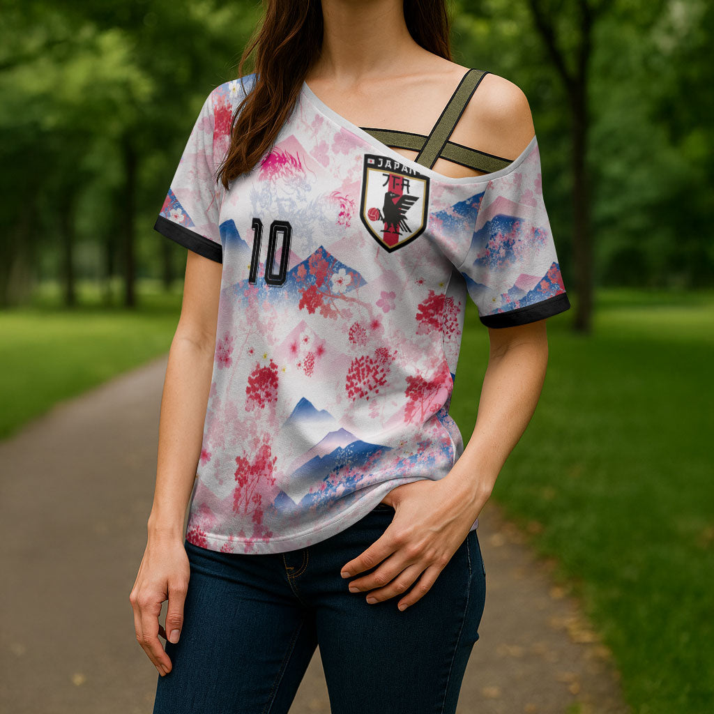 Custom Japan Football Cross Shoulder Shirt Cherry Blossom Mount Fuji Asian Dragon Graphic