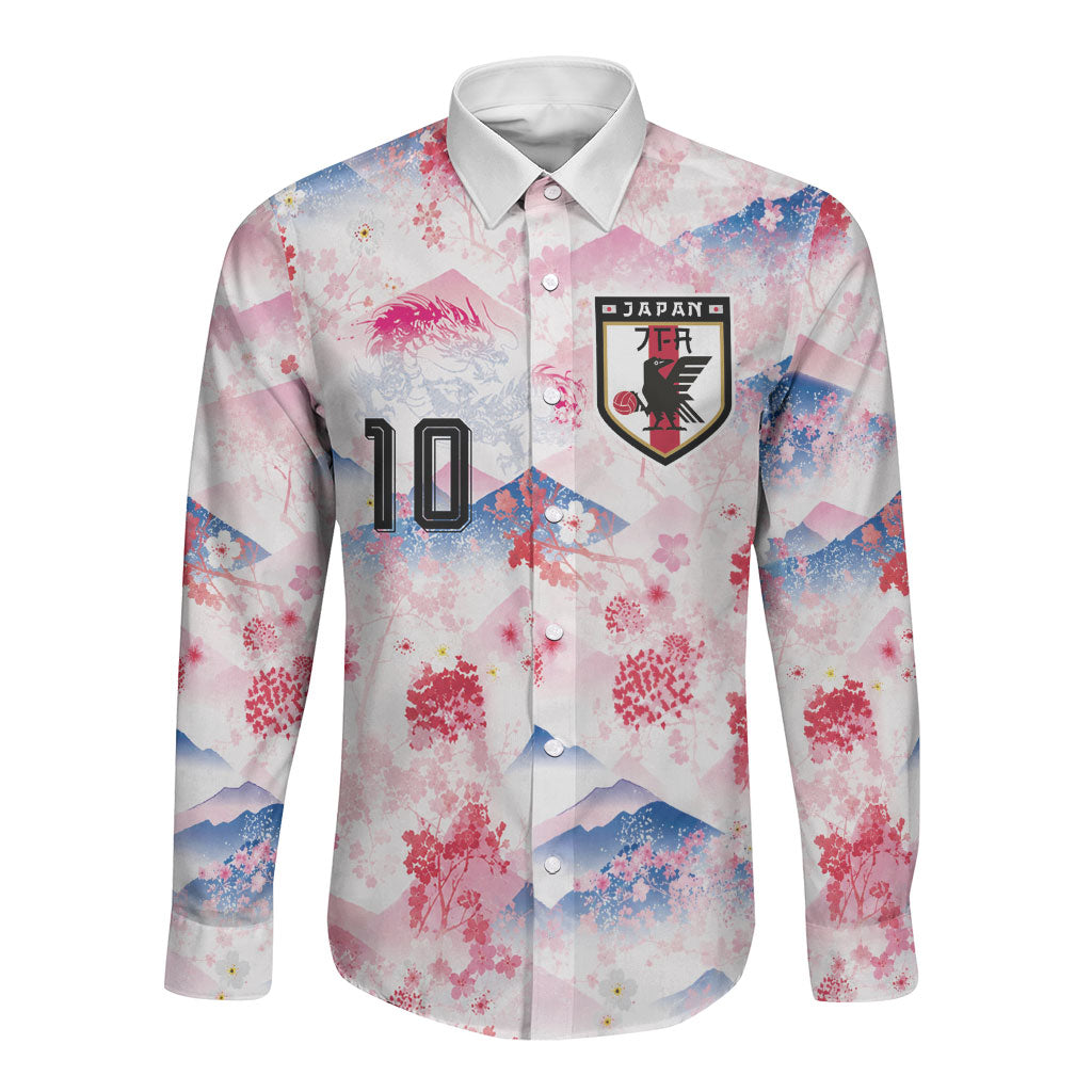 Custom Japan Football Long Sleeve Button Shirt Cherry Blossom Mount Fuji Asian Dragon Graphic