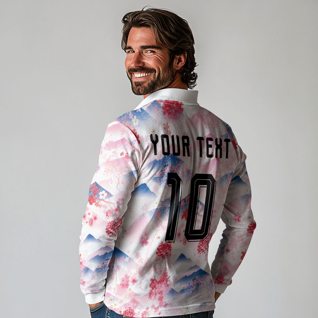 Custom Japan Football Long Sleeve Polo Shirt Cherry Blossom Mount Fuji Asian Dragon Graphic