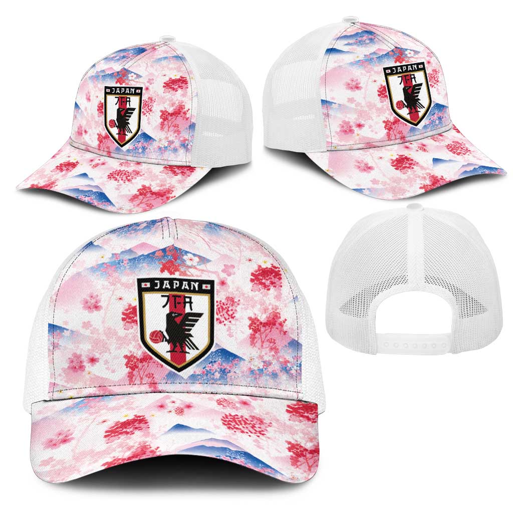 Japan Football Mesh Trucker Cap Cherry Blossom Floral Mount Fuji with Asian Dragon Graphic