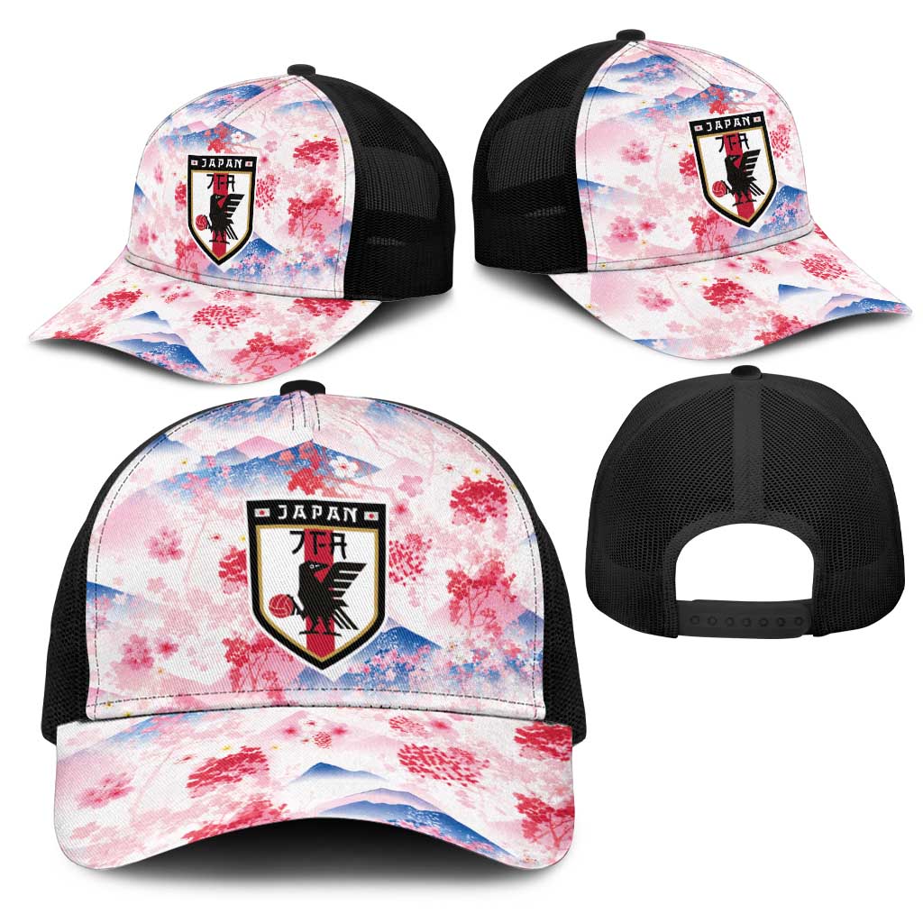 Japan Football Mesh Trucker Cap Cherry Blossom Floral Mount Fuji with Asian Dragon Graphic