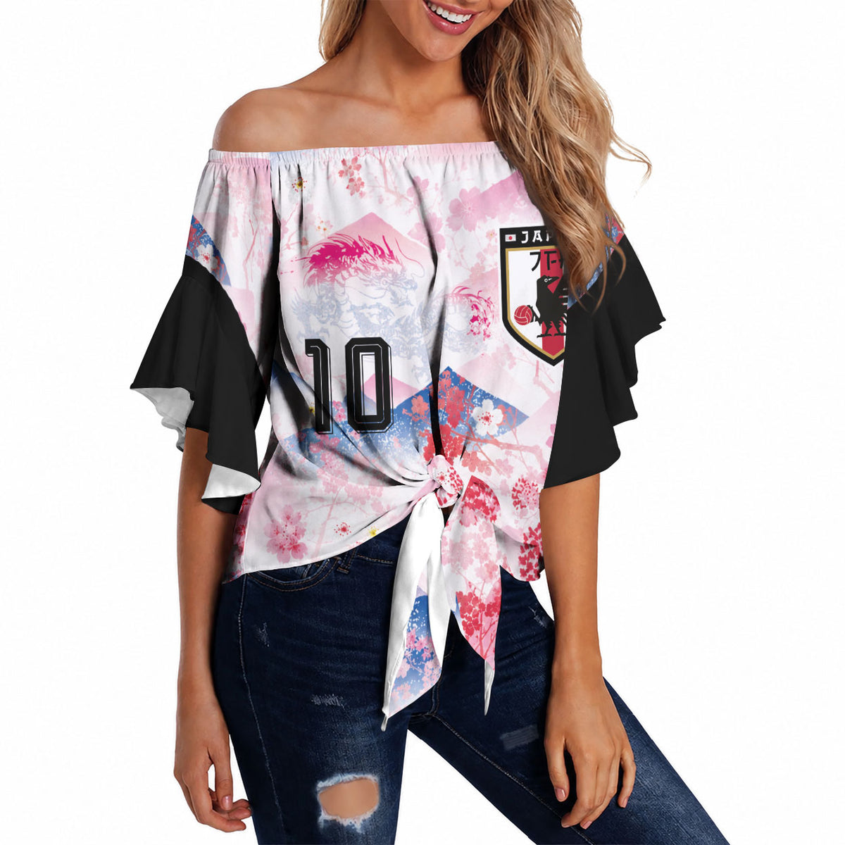 Custom Japan Football Off Shoulder Wrap Waist Top Cherry Blossom Mount Fuji Asian Dragon Graphic