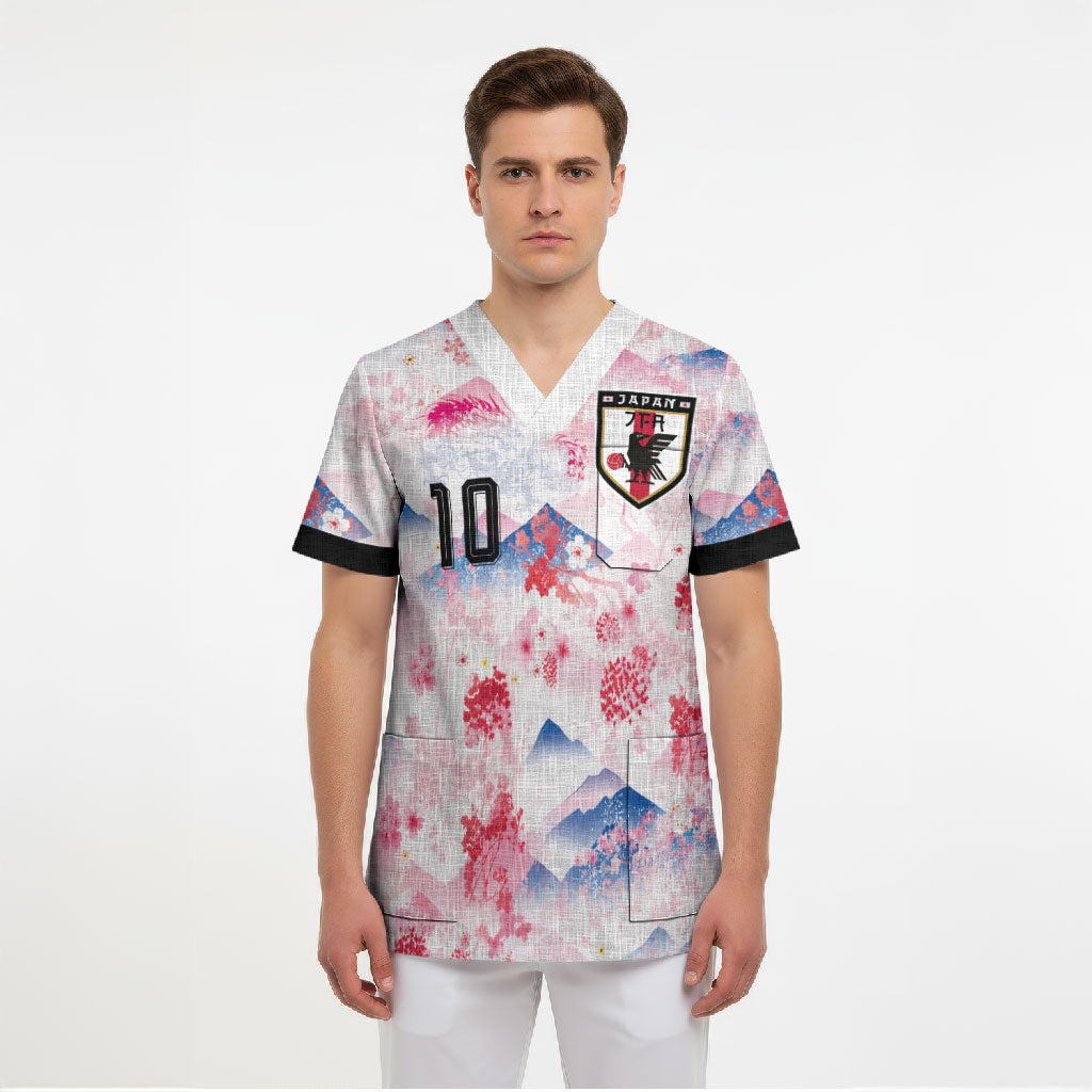 Custom Japan Football Scrub Top Cherry Blossom Mount Fuji Asian Dragon Graphic