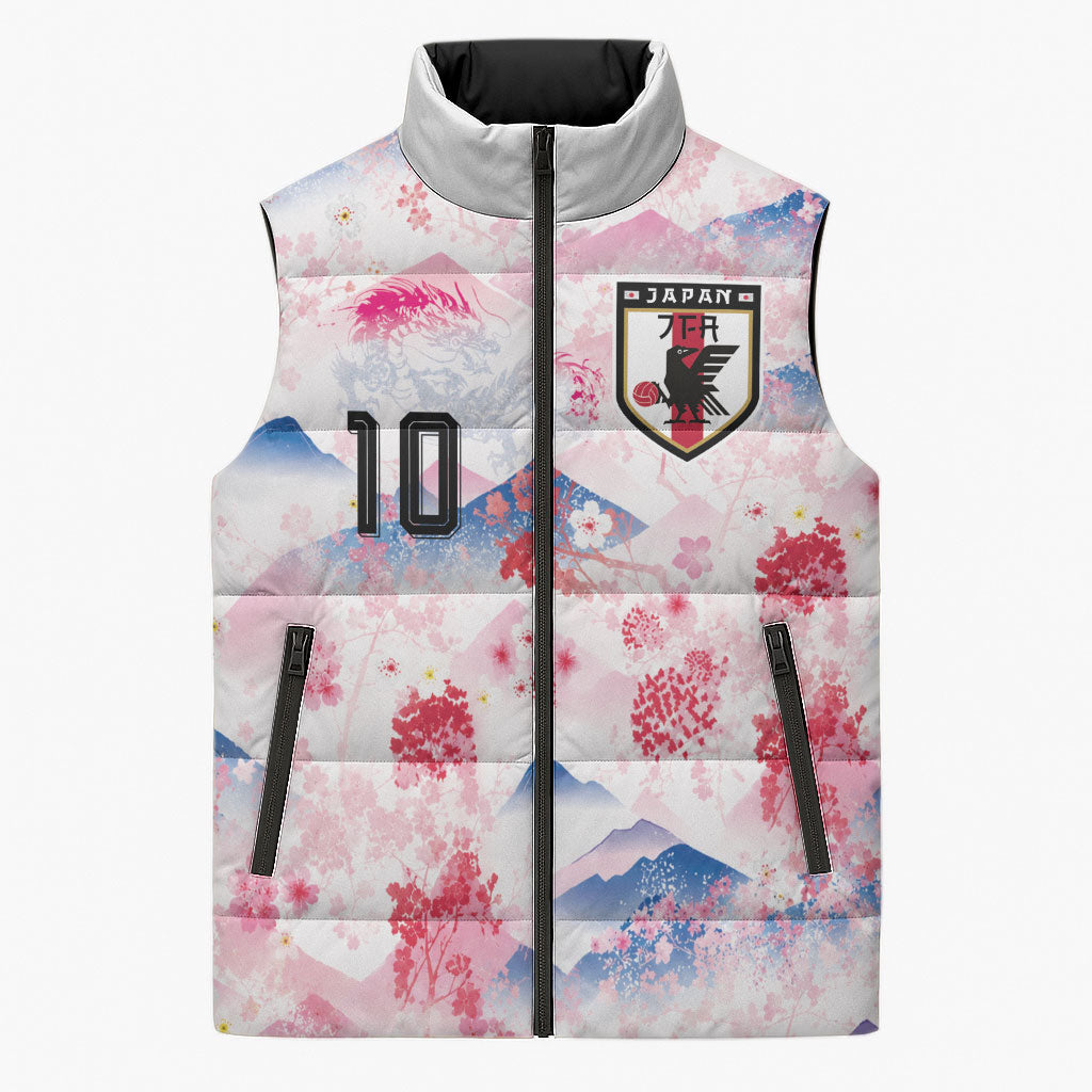 Custom Japan Football Sleeveless Puffer Jacket Cherry Blossom Mount Fuji Asian Dragon Graphic