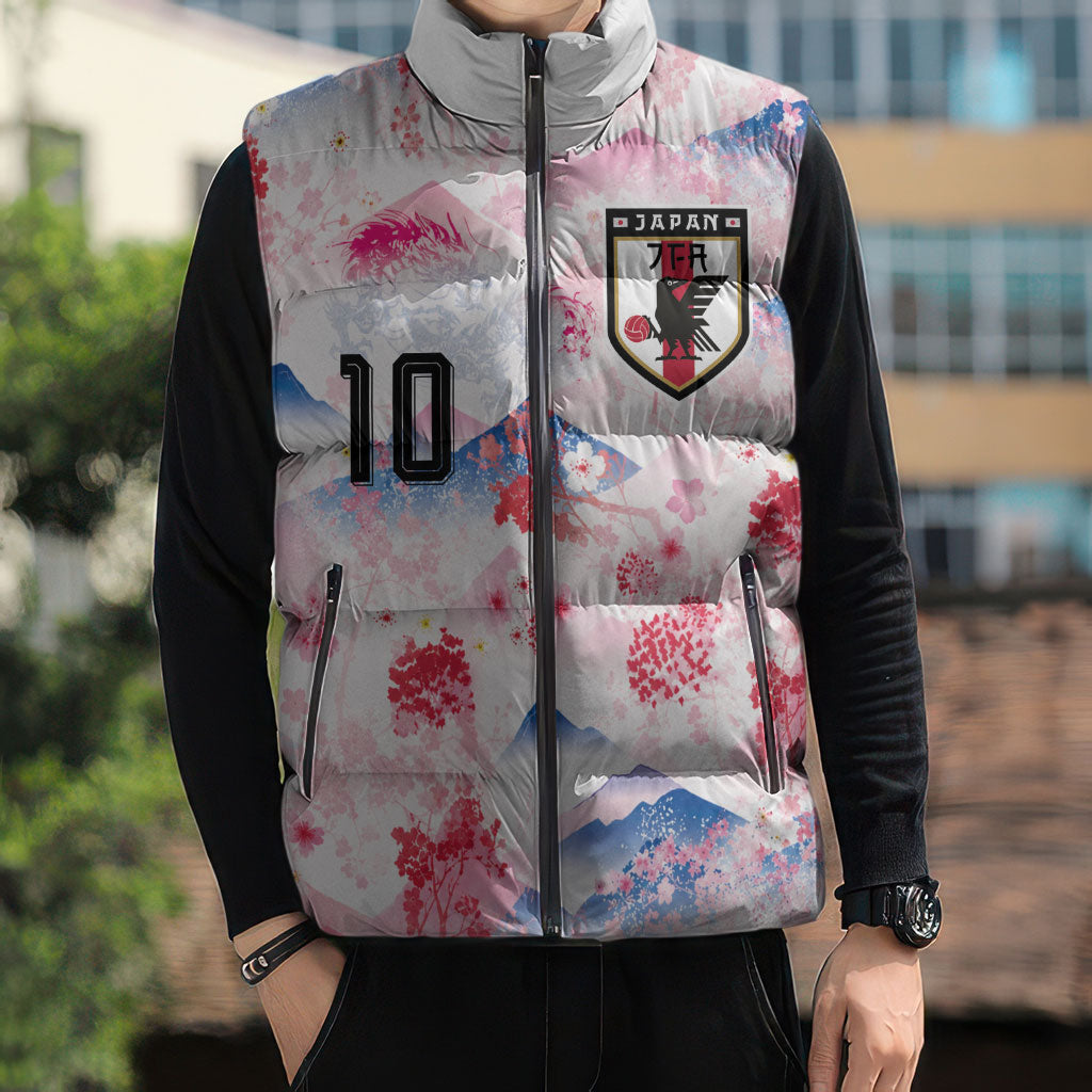 Custom Japan Football Sleeveless Puffer Jacket Cherry Blossom Mount Fuji Asian Dragon Graphic