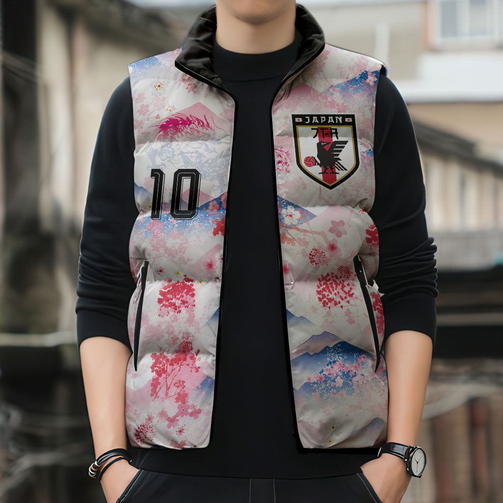 Custom Japan Football Sleeveless Puffer Jacket Cherry Blossom Mount Fuji Asian Dragon Graphic