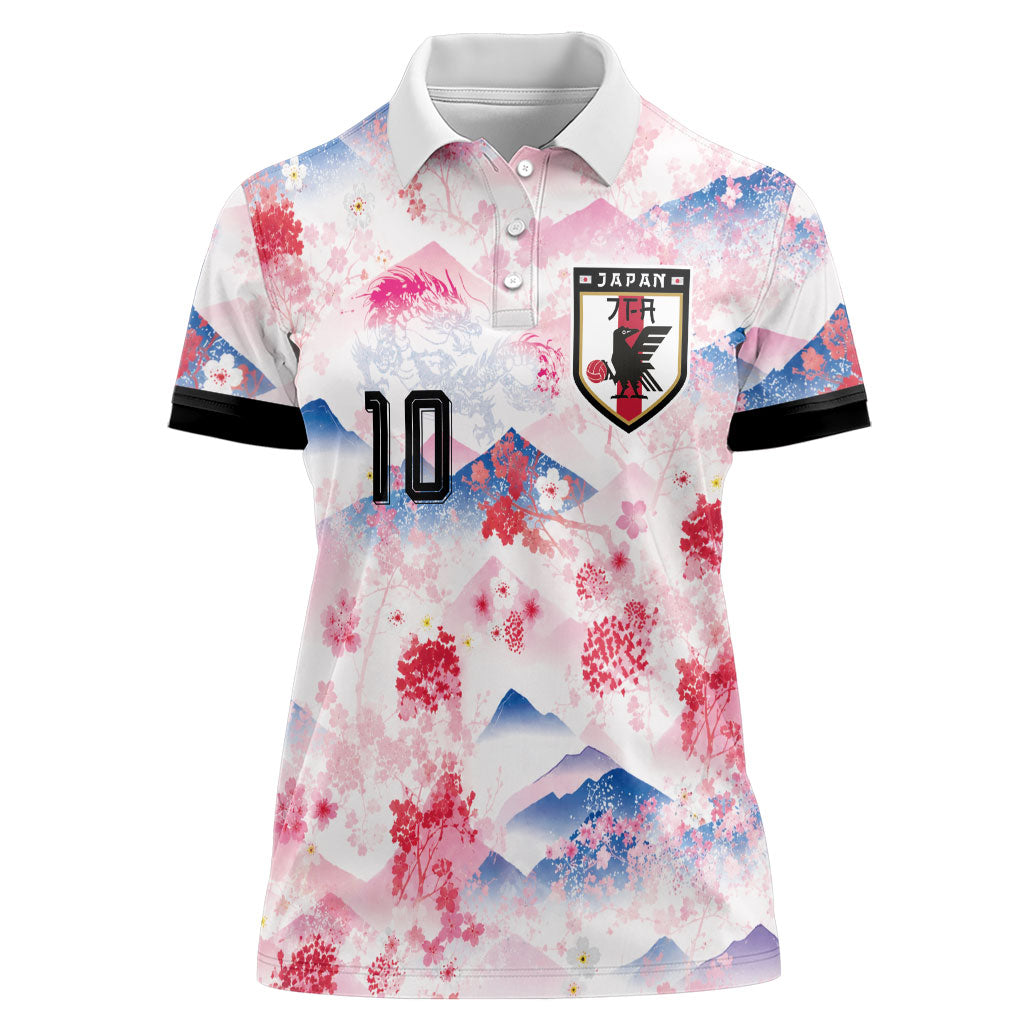 Custom Japan Football Women Polo Shirt Cherry Blossom Mount Fuji Asian Dragon Graphic