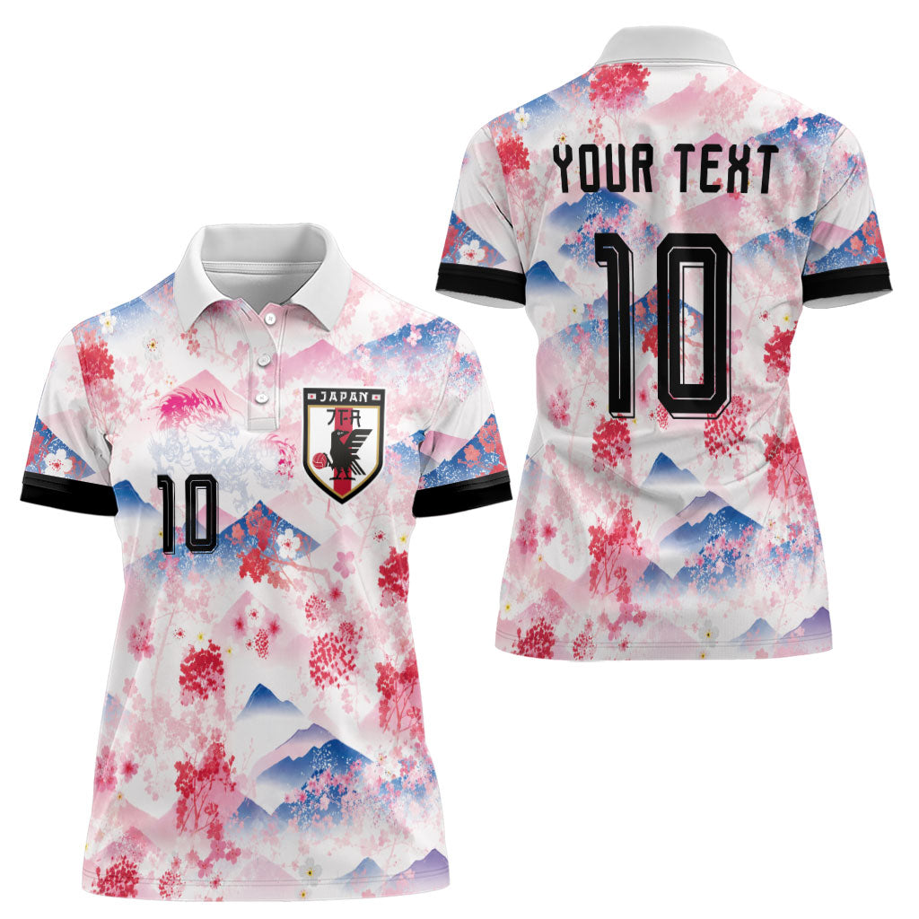 Custom Japan Football Women Polo Shirt Cherry Blossom Mount Fuji Asian Dragon Graphic