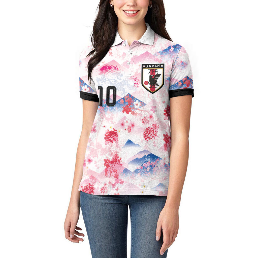 Custom Japan Football Women Polo Shirt Cherry Blossom Mount Fuji Asian Dragon Graphic