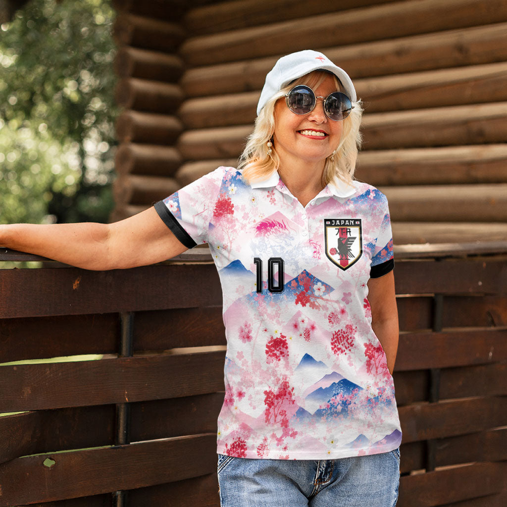 Custom Japan Football Women Polo Shirt Cherry Blossom Mount Fuji Asian Dragon Graphic