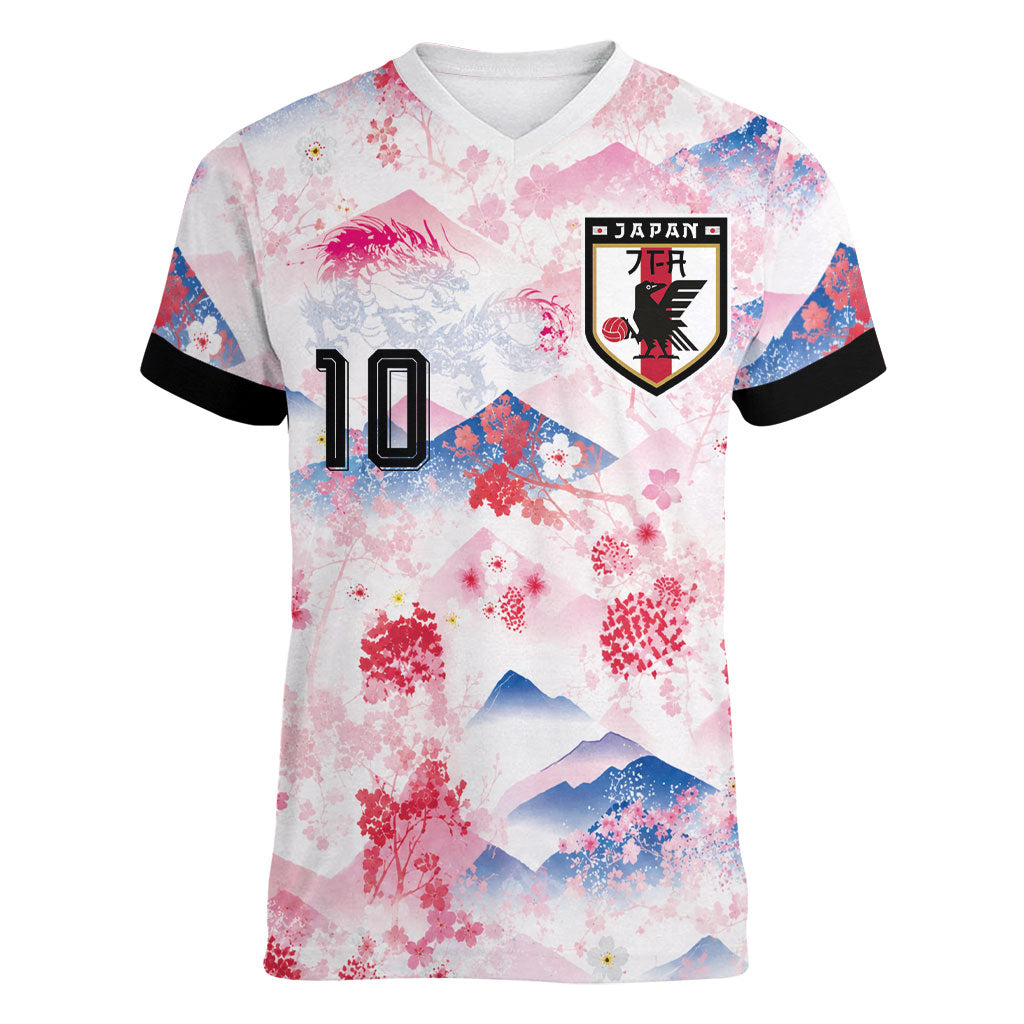 Custom Japan Football Women V-Neck T-Shirt Cherry Blossom Mount Fuji Asian Dragon Graphic