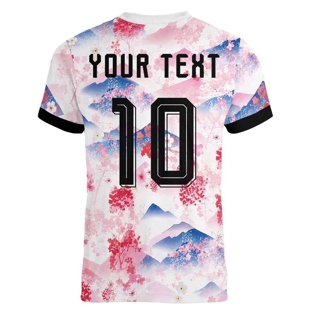 Custom Japan Football Women V-Neck T-Shirt Cherry Blossom Mount Fuji Asian Dragon Graphic