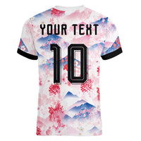 Custom Japan Football Women V-Neck T-Shirt Cherry Blossom Mount Fuji Asian Dragon Graphic