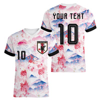 Custom Japan Football Women V-Neck T-Shirt Cherry Blossom Mount Fuji Asian Dragon Graphic