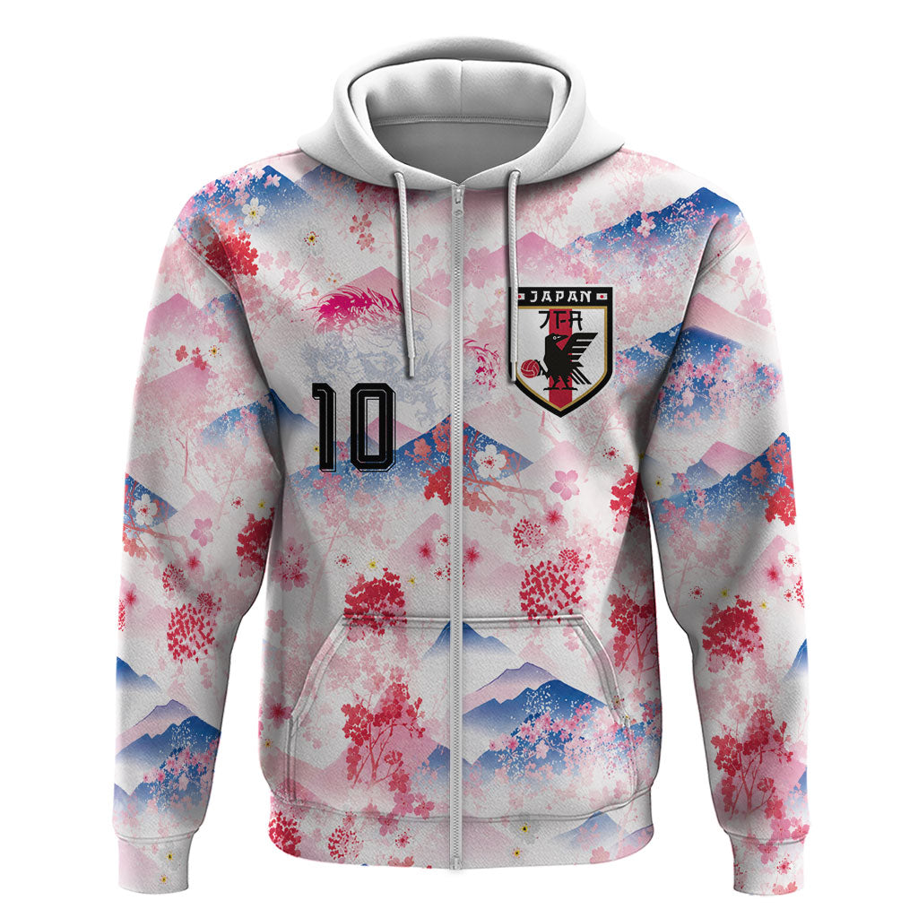 Custom Japan Football Zip Hoodie Cherry Blossom Mount Fuji Asian Dragon Graphic