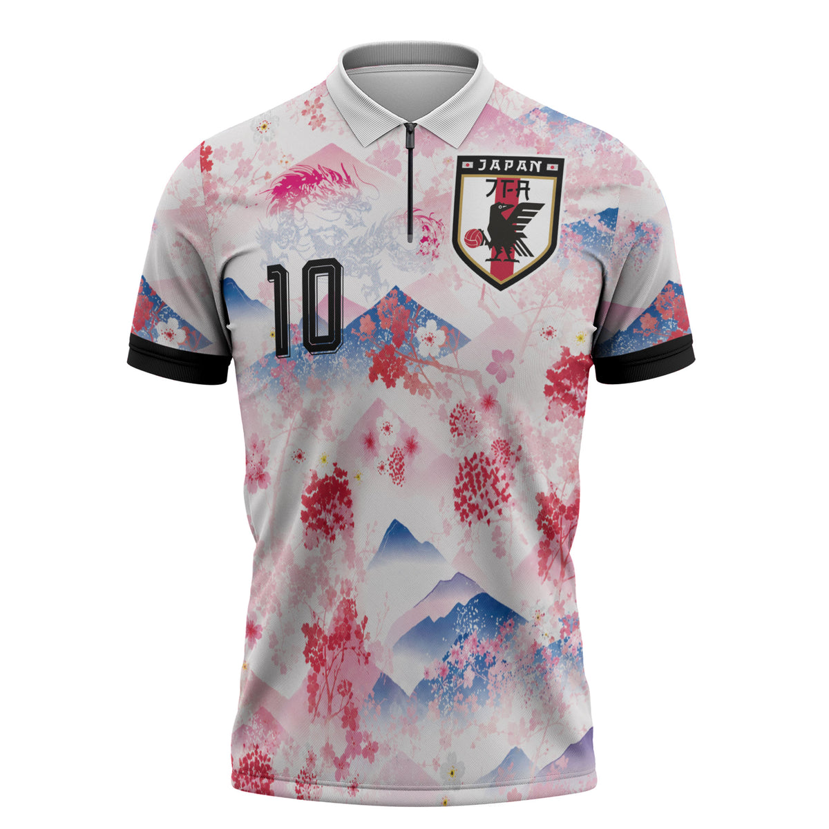 Custom Japan Football Zipper Polo Shirt Cherry Blossom Mount Fuji Asian Dragon Graphic