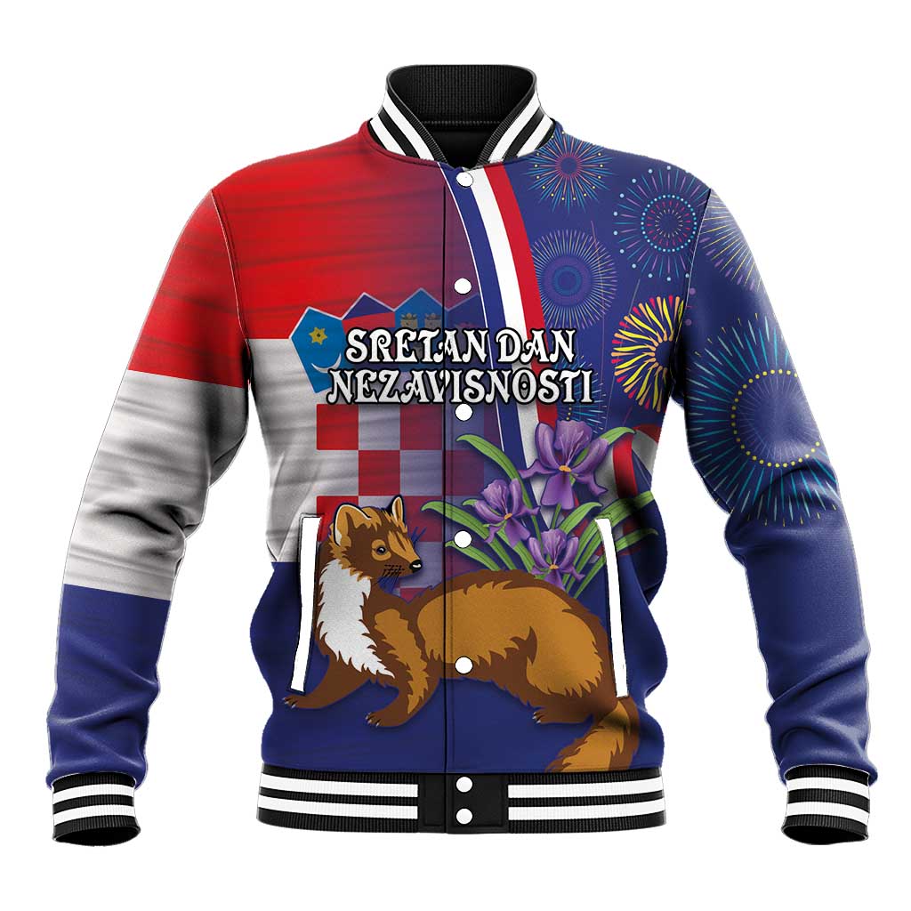 Personalised Croatia Independence Day Baseball Jacket Sretan Dan nezavisnosti With Kuna Zlatica and Perunika - Wonder Print Shop