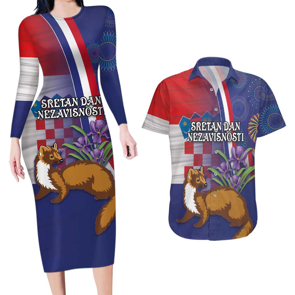 Personalised Croatia Independence Day Couples Matching Long Sleeve Bodycon Dress and Hawaiian Shirt Sretan Dan nezavisnosti With Kuna Zlatica and Perunika - Wonder Print Shop