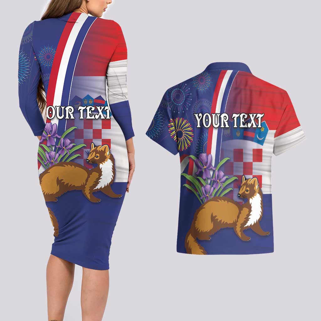 Personalised Croatia Independence Day Couples Matching Long Sleeve Bodycon Dress and Hawaiian Shirt Sretan Dan nezavisnosti With Kuna Zlatica and Perunika - Wonder Print Shop