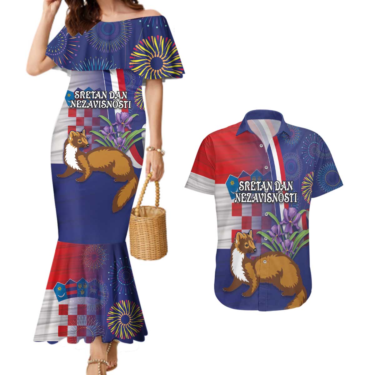 Personalised Croatia Independence Day Couples Matching Mermaid Dress and Hawaiian Shirt Sretan Dan nezavisnosti With Kuna Zlatica and Perunika - Wonder Print Shop