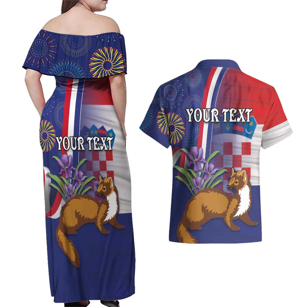 Personalised Croatia Independence Day Couples Matching Off Shoulder Maxi Dress and Hawaiian Shirt Sretan Dan nezavisnosti With Kuna Zlatica and Perunika - Wonder Print Shop