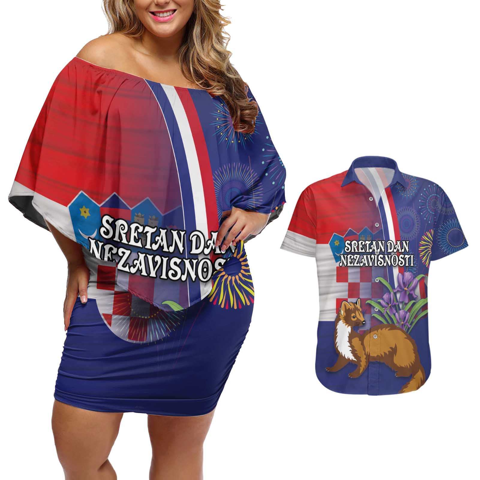 Personalised Croatia Independence Day Couples Matching Off Shoulder Short Dress and Hawaiian Shirt Sretan Dan nezavisnosti With Kuna Zlatica and Perunika - Wonder Print Shop