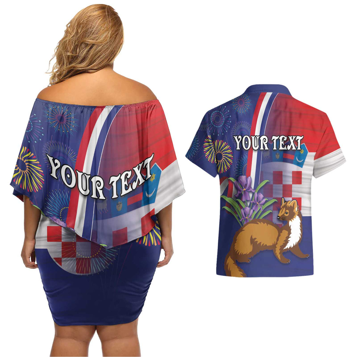Personalised Croatia Independence Day Couples Matching Off Shoulder Short Dress and Hawaiian Shirt Sretan Dan nezavisnosti With Kuna Zlatica and Perunika - Wonder Print Shop