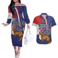Personalised Croatia Independence Day Couples Matching Off The Shoulder Long Sleeve Dress and Hawaiian Shirt Sretan Dan nezavisnosti With Kuna Zlatica and Perunika - Wonder Print Shop
