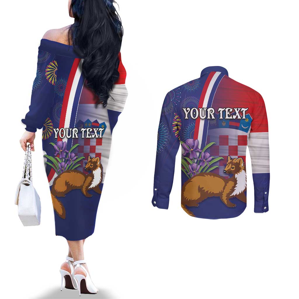 Personalised Croatia Independence Day Couples Matching Off The Shoulder Long Sleeve Dress and Long Sleeve Button Shirt Sretan Dan nezavisnosti With Kuna Zlatica and Perunika
