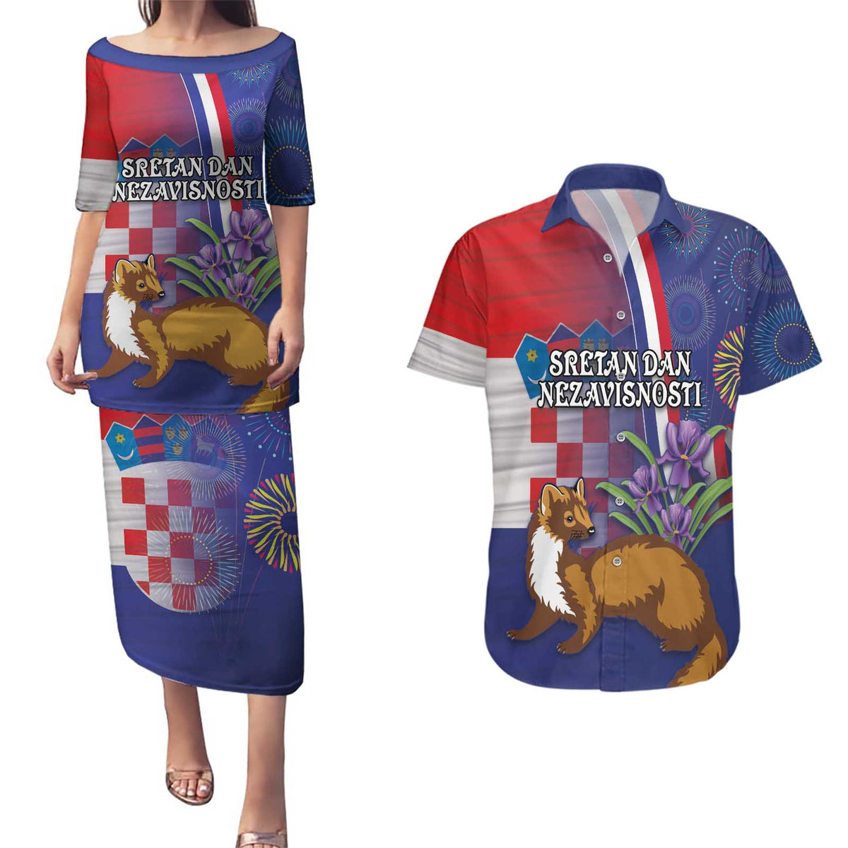 Personalised Croatia Independence Day Couples Matching Puletasi and Hawaiian Shirt Sretan Dan nezavisnosti With Kuna Zlatica and Perunika - Wonder Print Shop